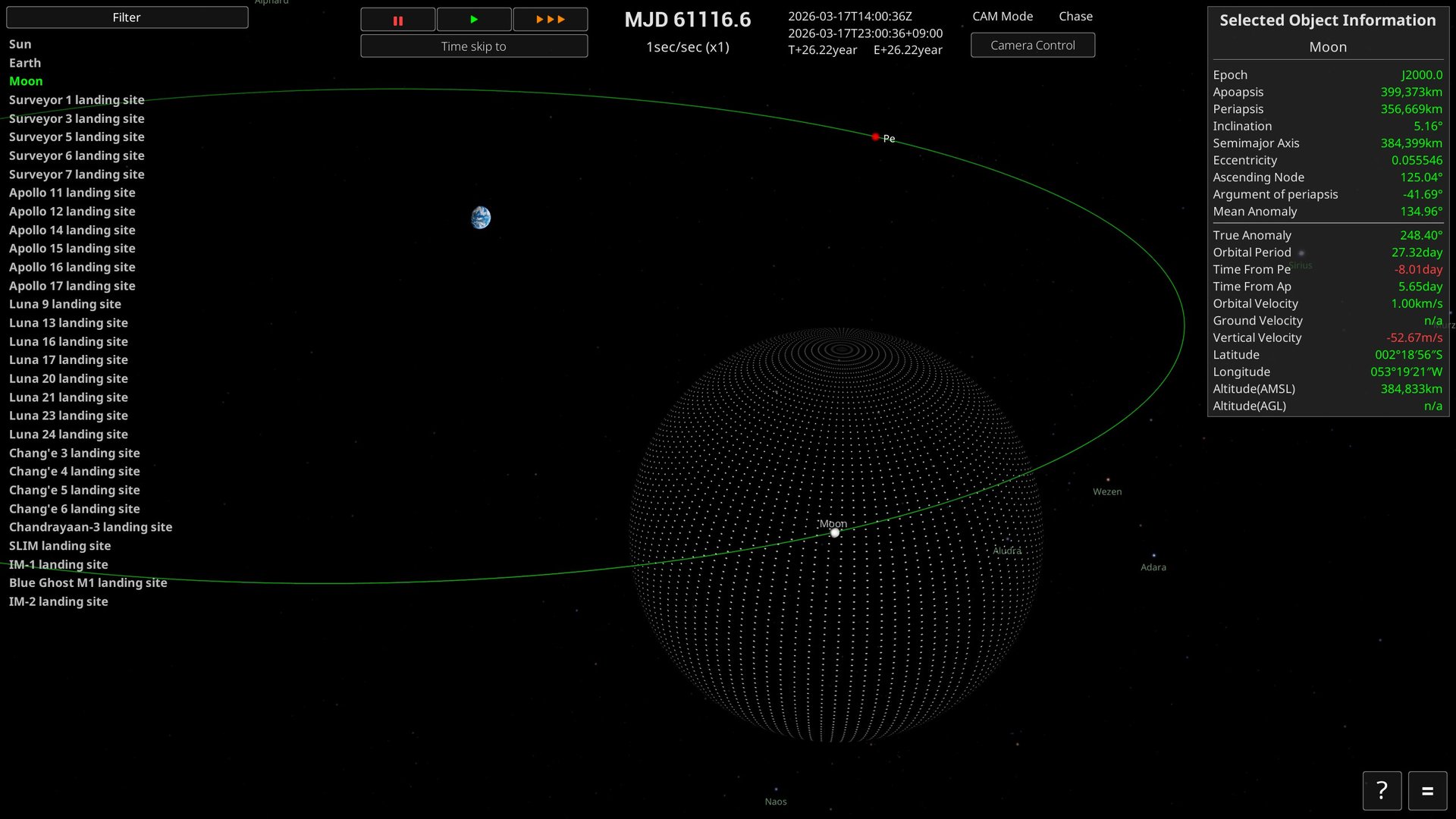 Vista de mapa con la Luna seleccionada, con su línea de órbita verde y su SOI dibujada como una esfera de puntos