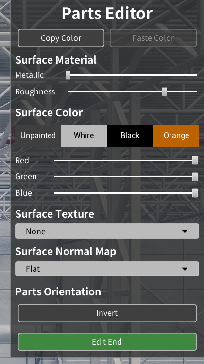 El Parts Editor, con el que se cambian el material de la superficie, el color, la textura, el mapa normal y la orientación de la pieza